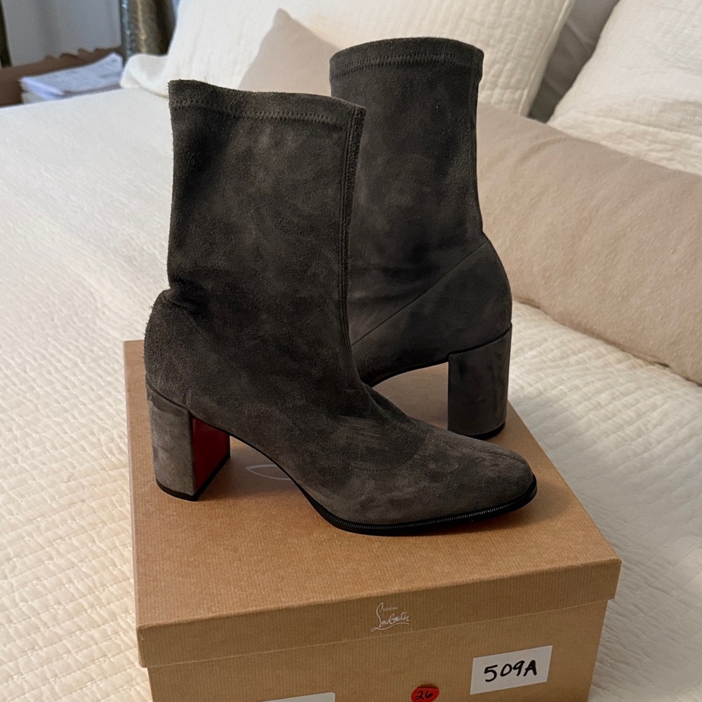 Christian Louboutin Gray Suede Block Heel Ankle Boots